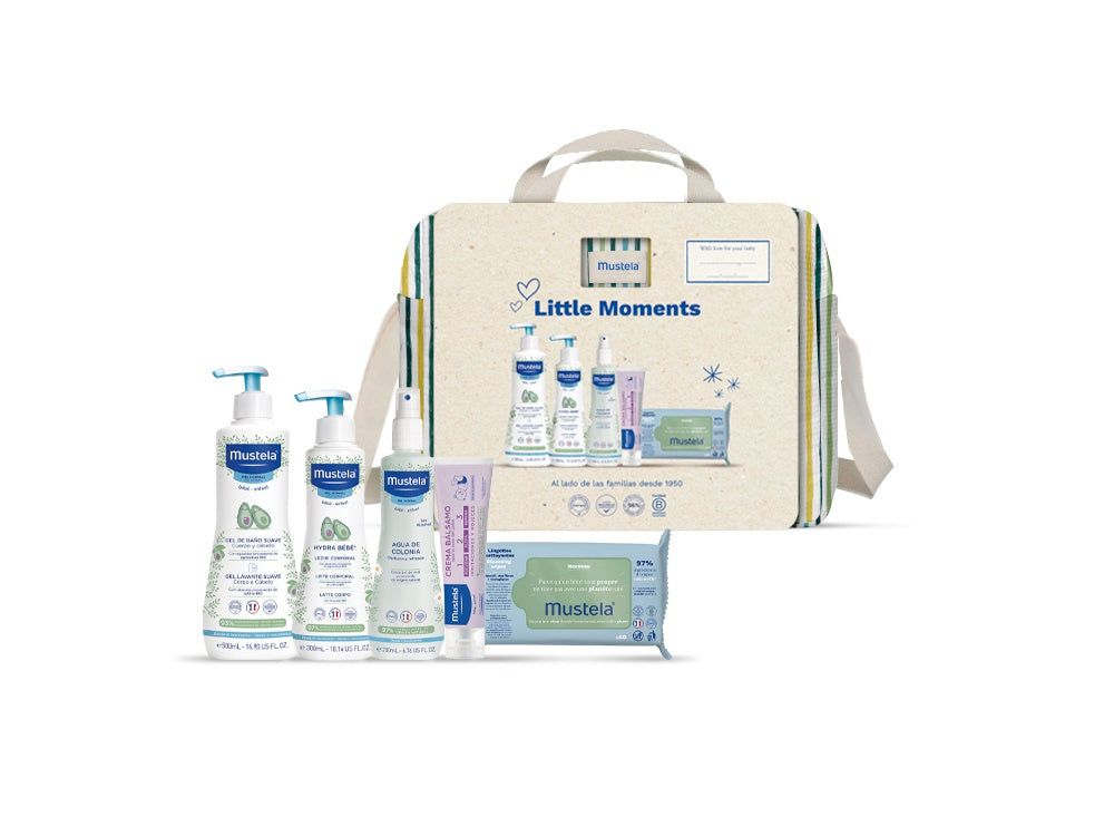 La bolsa de paseo Little Moments de Mustela es ideal para regalar porque lleva cinco productos básicos para el cuidado del bebé