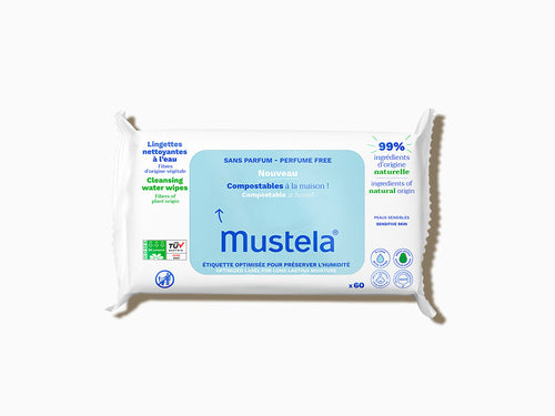 Paquete de 60 toallitas húmedas al agua compostables en casa - Mustela España - 1