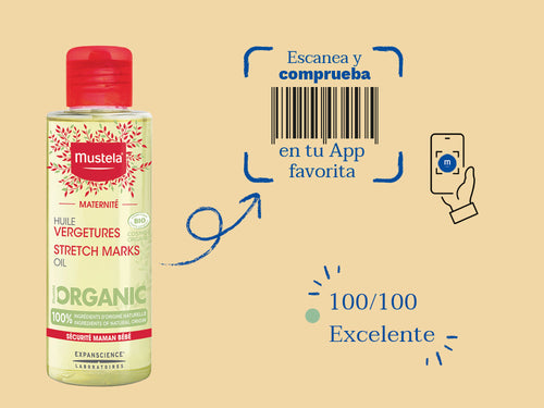 El aceite estrias de Mustela para embarazadas tiene una nota de 100/100 en la app Yuka, es decir, excelente, sin ingredientes cuestionables o tóxicos. - Mustela España - 3