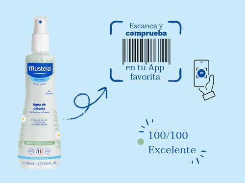 El Agua de colonia de Mustela para bebé y niños tiene una nota de 100/100 en la app Yuka, es decir, excelente, sin ingredientes cuestionables o tóxicos.  - Mustela España - 3