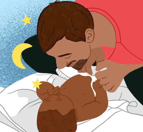 Dibujo de un papá acercándose a su bebé mientras duerme. - Mustela España - 1
