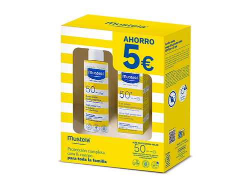 pack solar de spray solar y leche solar de cara con 5 € de descuento de Mustela.  - Mustela España - 1