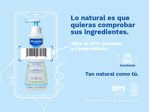 El agua sin aclarado de Mustela tiene una nota de 86/100 en la app Yuka, es decir, excelente, sin ingredientes cuestionables o tóxicos.  - Mustela España - 5