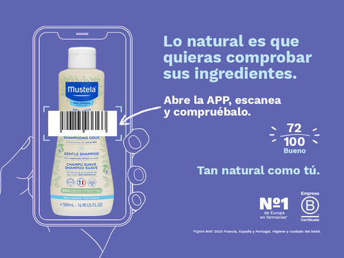 El champú suave para el cabello fino de bebés y niños tiene una nota de 72/100 en la app Yuka, es decir, bueno. - Mustela España - 3