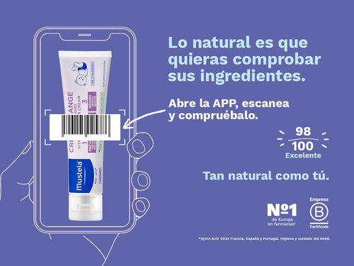 La crema bálsamo para el cambio de pañal 1 2 3 de Mustela para bebé y niños tiene una nota de 100/100 en la app Yuka, es decir, excelente, sin ingredientes cuestionables o tóxicos.  - Mustela España - 2