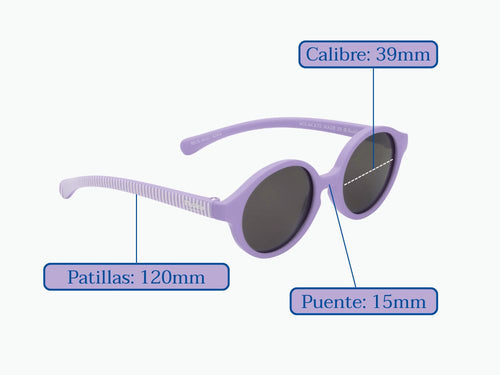 Gafas de sol lilas de Mustela desde el lateral con las medidas: Patillas 120mm, puente 15mm y calibre 39mm. - Mustela España - 5