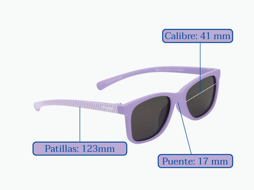 Gafas de sol lila  para niños de 3 a 5 años. Con  as medidas: patillas: 123mm, puente 17mm y calibre 41mm - Mustela España - 4