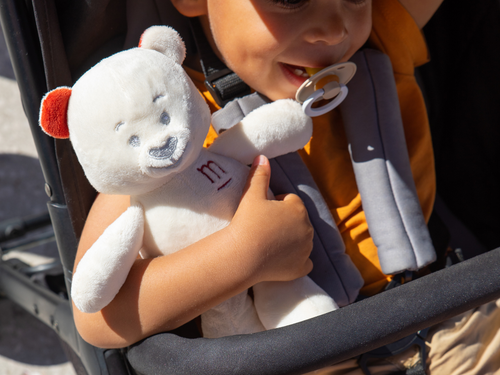 Niño  en un carrito sujetando el osito Musti del cofre - Mustela España - 4