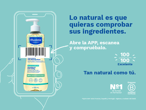 El aceite de baño y ducha de Stelatopia de Mustela para bebé y niños tiene una nota de 100/100 en la app Yuka, es decir, excelente, sin ingredientes cuestionables o tóxicos.  - Mustela España - 2