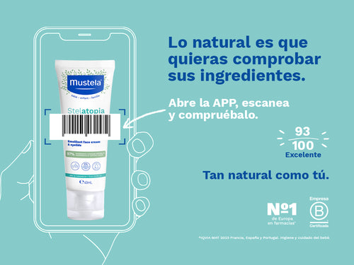 La crema facial Stelatopia de Mustela para toda la familia tiene una nota de 93/100 en la app Yuka, es decir, excelente, sin ingredientes cuestionables o tóxicos.  - Mustela España - 3