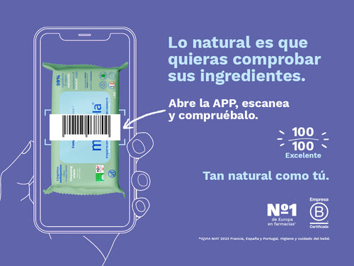 Las toallitas limpiadoras de Mustela con un 99% de ingredientes naturales, ha sido puntuado como excelente 100/100 en la app de Yuka. - Mustela España - 4