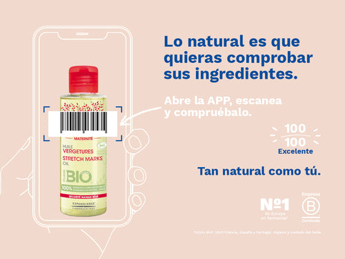 El aceite estrias de Mustela para embarazadas tiene una nota de 100/100 en la app Yuka, es decir, excelente, sin ingredientes cuestionables o tóxicos.  - Mustela España - 3