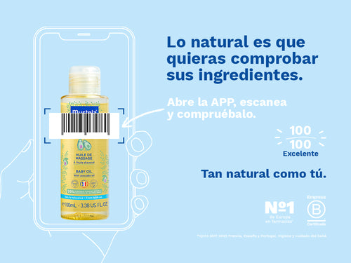 El aceite de masaje de Mustela para bebes y niños tiene una nota de 100/100 en la app Yuka, es decir, excelente, sin ingredientes cuestionables o tóxicos. - Mustela España - 3