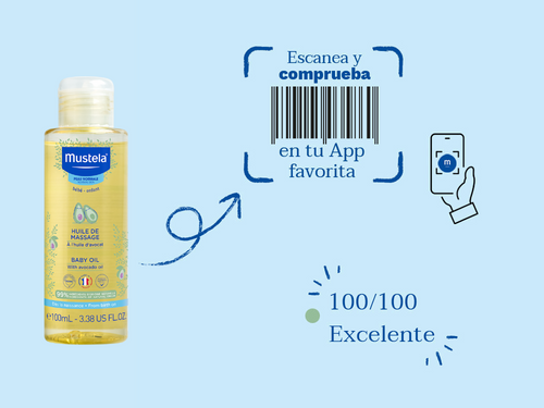 El aceite de masaje de Mustela para bebes y niños tiene una nota de 100/100 en la app Yuka, es decir, excelente, sin ingredientes cuestionables o tóxicos. - Mustela España - 4