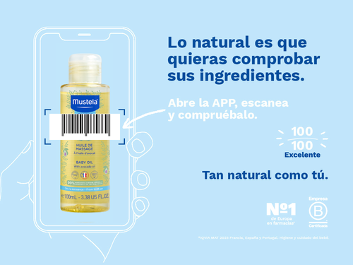 El aceite de masaje de Mustela para bebes y niños tiene una nota de 100/100 en la app Yuka, es decir, excelente, sin ingredientes cuestionables o tóxicos. - Mustela España - 4