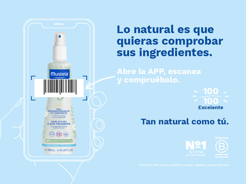 El Agua para peinar de Mustela para bebé y niños tiene una nota de 100/100 en la app Yuka, es decir, excelente, sin ingredientes cuestionables o tóxicos.  - Mustela España - 3