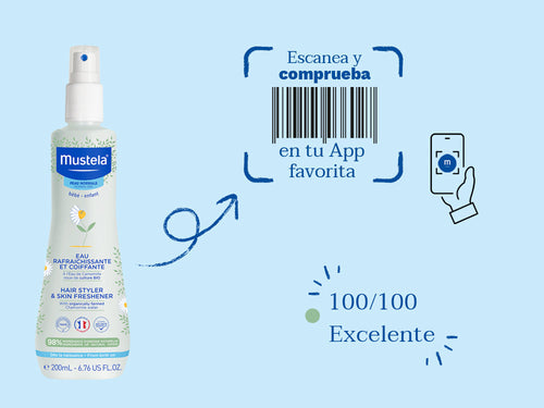 El Agua para peinar de Mustela para bebé y niños tiene una nota de 100/100 en la app Yuka, es decir, excelente, sin ingredientes cuestionables o tóxicos.  - Mustela España - 7