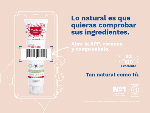 La crema estrias de Mustela embarazadas tiene una nota de 93/100 en la app Yuka, es decir, excelente, sin ingredientes cuestionables o tóxicos.  - Mustela España - 4