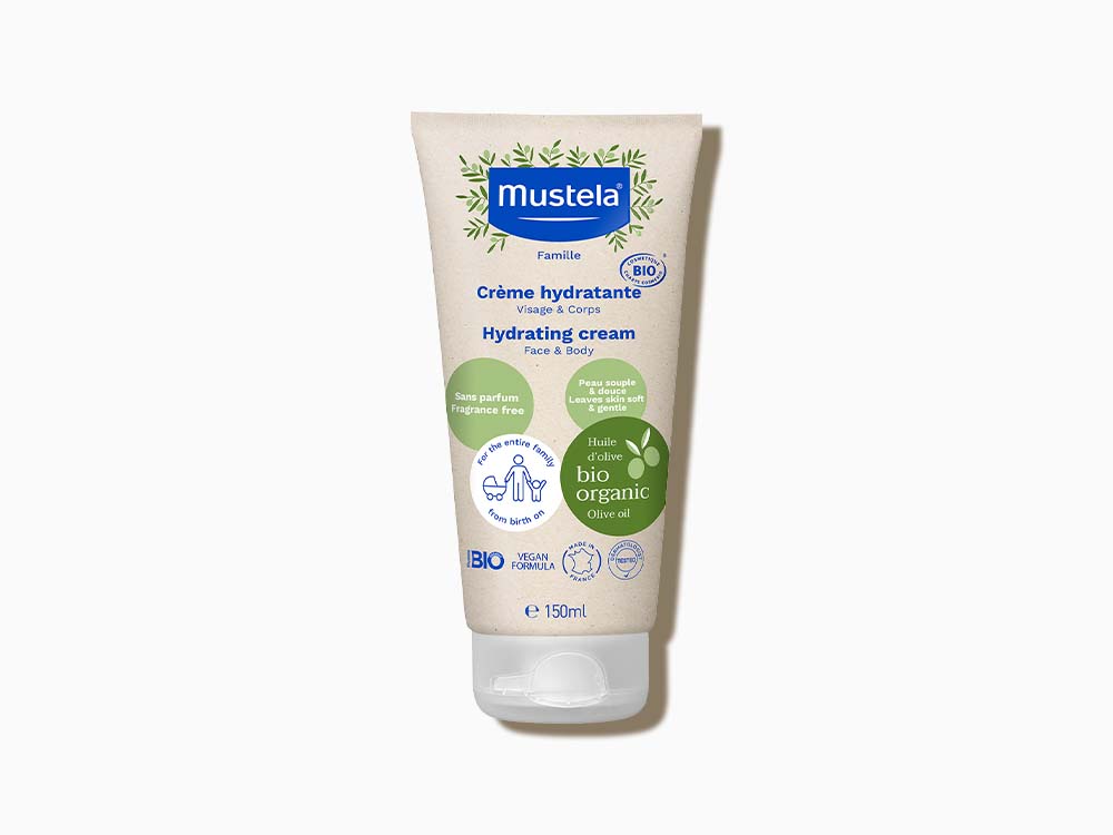 Envase de 150 ml de crema hidratante vegana de Mustela para toda la familia.