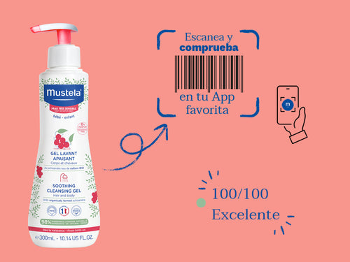 El gel de baño de Mustela para la piel muy sensible debebé y niños tiene una nota de 100/100 en la app Yuka, es decir, excelente, sin ingredientes cuestionables o tóxicos.  - Mustela España - 6