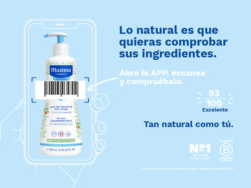 La loción limpiadora de Mustela para bebé y niños tiene una nota de 93/100 en la app Yuka, es decir, excelente, sin ingredientes cuestionables o tóxicos.  - Mustela España - 2