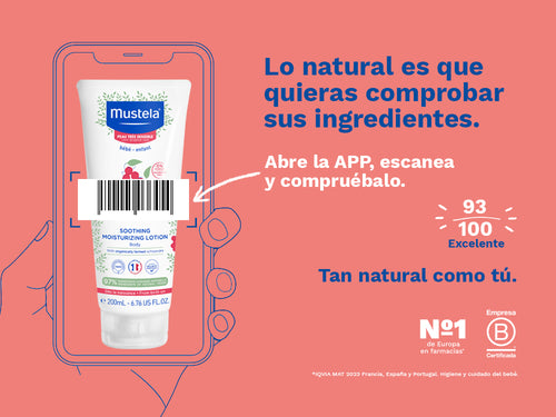 El leche hidratante de Mustela para piel muy sensible de bebé y niños tiene una nota de 93/100 en la app Yuka, es decir, excelente, sin ingredientes cuestionables o tóxicos.  - Mustela España - 3