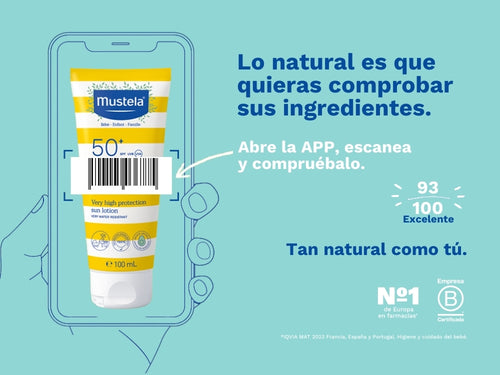 La crema solar SPF50+ de Mustela protege la piel de la familia y tiene una nota de 93/100 en la app Yuka, es decir, excelente, sin ingredientes cuestionables o tóxicos.  - Mustela España - 3