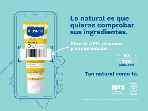 La crema solar facial SPF50+ de Mustela protege la piel de bebé y niños y tiene una nota de 93/100 en la app Yuka, es decir, excelente, sin ingredientes cuestionables o tóxicos.  - Mustela España - 3