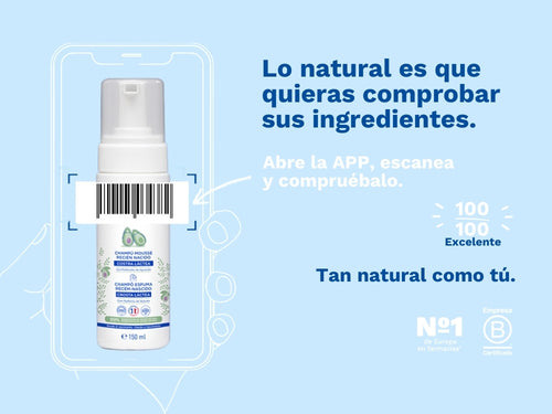 El champú mousse recién nacido con 99% de ingredientes naturales  de Mustela cuenta con una puntuación 100/100 excelente en apps como Yuka gracias a sus ingredientes de origen natural. - Mustela España - 2