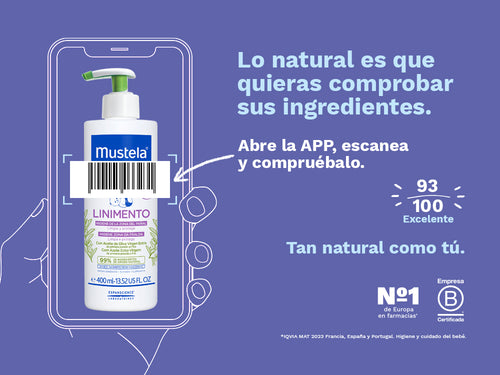 El linimento de Mustela, siguiendo la receta tradicional y con un 99% de ingredientes naturales, ha sido puntuado como excelente 93/100 en la app de Yuka. - Mustela España - 2