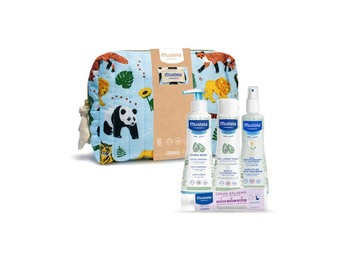 Neceser para bebé con estampado de jungla y animales con cuatro productos de Mustela para cuidar la piel de los bebés. - Mustela España - 2