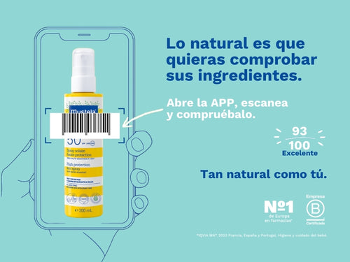 El spray solar de Mustela para proteger la piel de  bebé y niños tiene una nota de 93/100 en la app Yuka, es decir, excelente, sin ingredientes cuestionables o tóxicos.  - Mustela España - 2