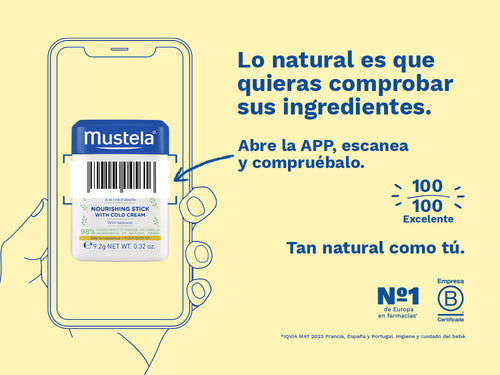 El stick cold cream de Mustela para bebé y niños tiene una nota de 100/100 en la app Yuka, es decir, excelente, sin ingredientes cuestionables o tóxicos.  - Mustela España - 2