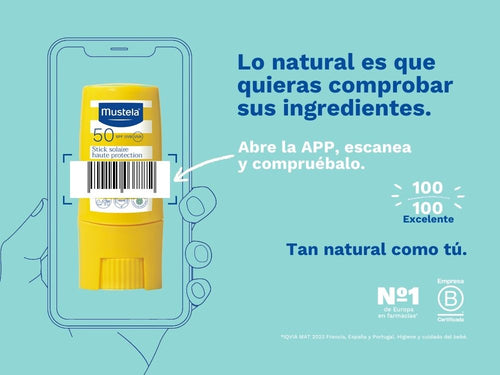 Imagen con la puntuación del stick solar de Mustela con un 100/1000 Escanea los productos y ve su valoración online. - Mustela España - 2