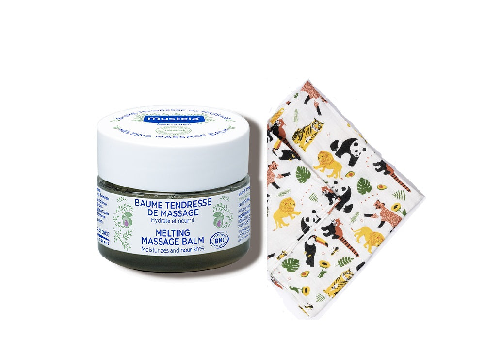 kit de bálsamo de masaje infantil certificado Bio con una muselina de algodón bio certificado gots