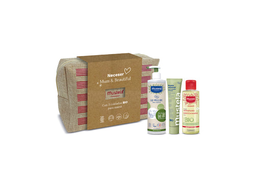 Neceser de yute con 3 productos Mustela para la mujer embarazada