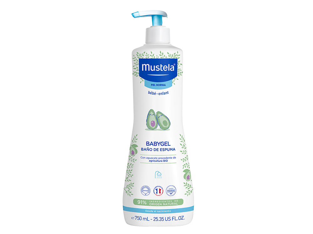 Bote de 750ml de Babygel de baño de espuma de Mustela, formato ideal para familias.