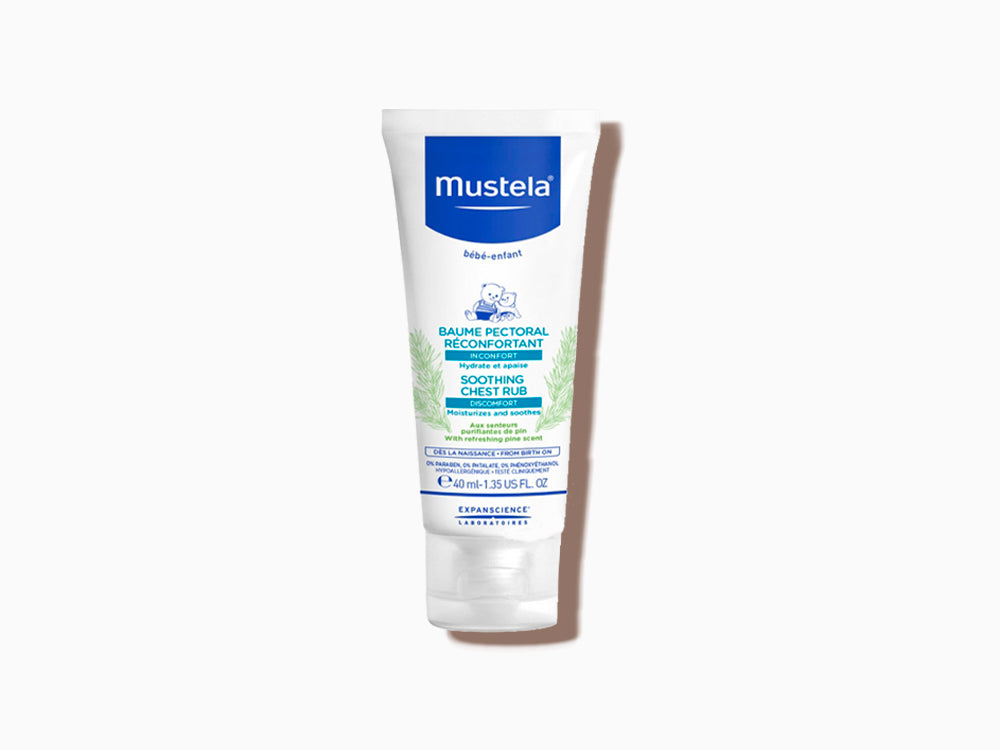 Envase de 40ml de bálsamo pectoral reconfortante de Mustela para mejorar el descanso del bebé