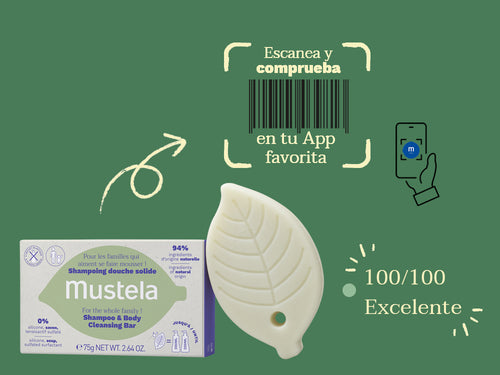El champú sólido no lleva jabón, conservantes, siliconas, tensioactivos sulfatados. Tiene una nota de 100/100 en las app de valoración de los cosméticos. - Mustela España - 7