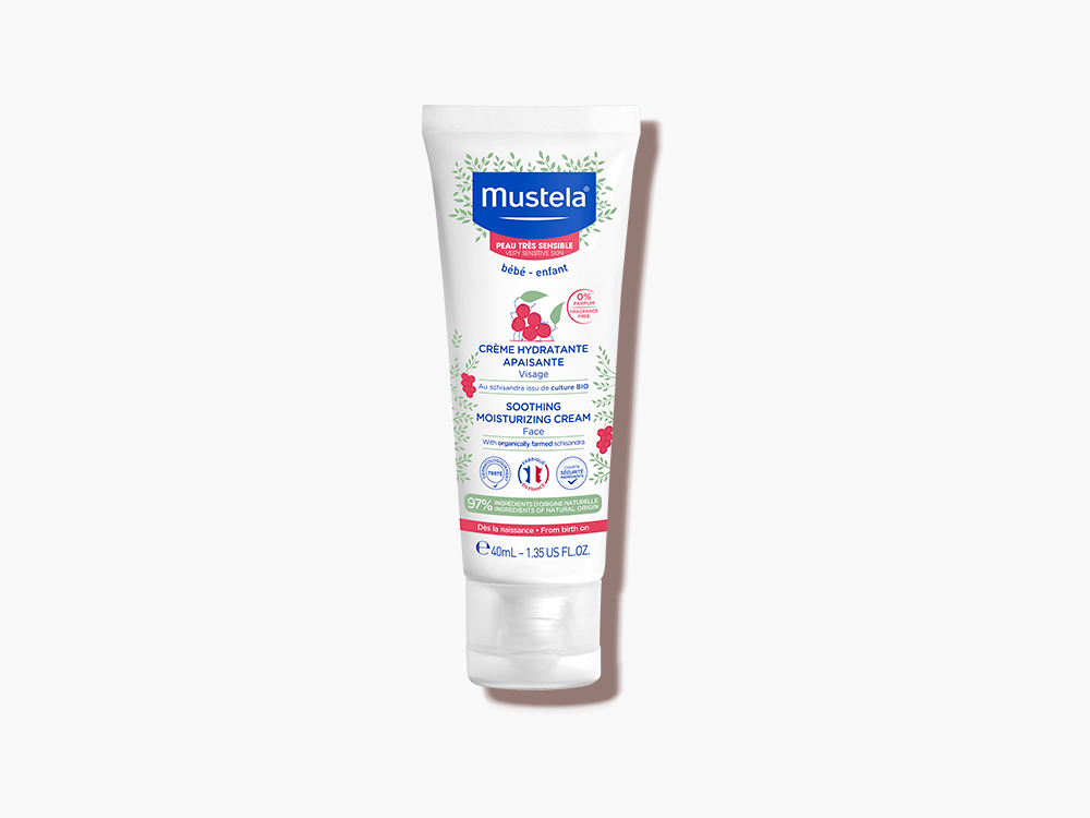 Bote de 40ml de la crema facial hidratante confort para piel sensible del bebé de Mustela
