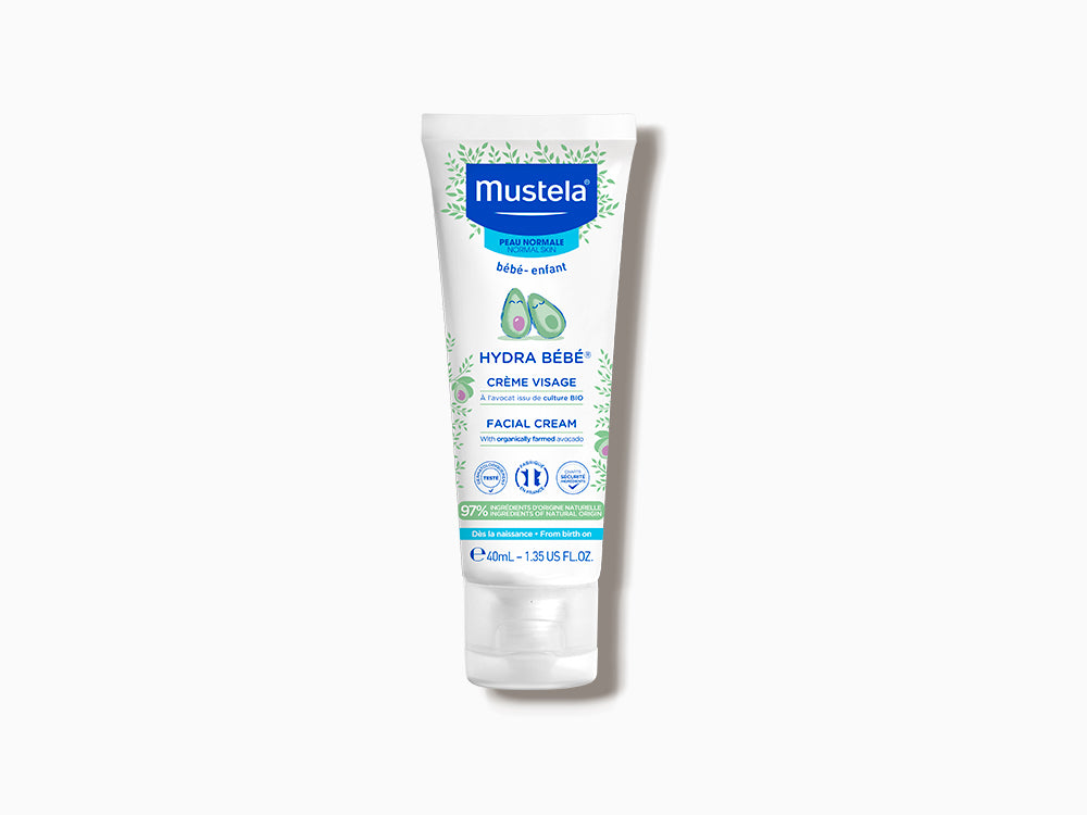 Bote de 40ml de crema facial Hydra Bebé de Mustela con aguacate bio