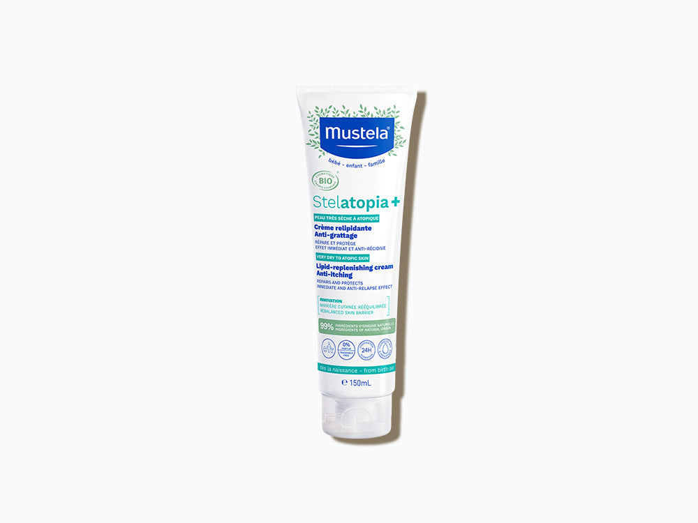 Tubo de 150ml de crema antipicor relipidizante Stelatopia + de Mustela para descubrir este cuidado para pieles atópicas