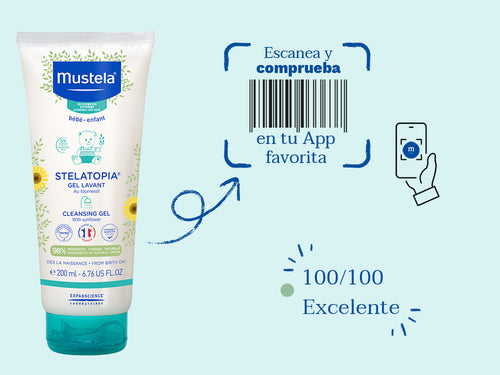 El gel de baño Stelatopia de Mustela para la piel atopicabebé y niños tiene una nota de 100/100 en la app Yuka, es decir, excelente, sin ingredientes cuestionables o tóxicos.  - Mustela España - 9