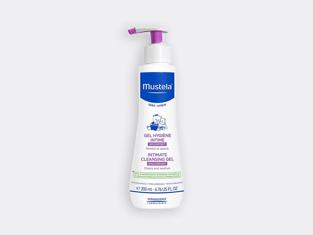 Envase de 200ml de gel higiene íntima de Mustela, ideal para aliviar la irritación y molestias en la zona intima de los bebés.