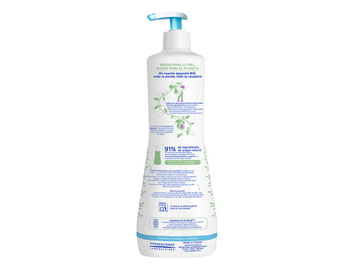 Reverso del bote de 750ml de Babygel de baño de espuma de Mustela con su lista de ingredientes naturales como el aguacate bio. - Mustela España - 2