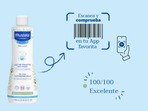 La locion limpiadora de Mustela para bebé y niños tiene una nota de 100/100 en la app Yuka, es decir, excelente, sin ingredientes cuestionables o tóxicos.  - Mustela España - 8
