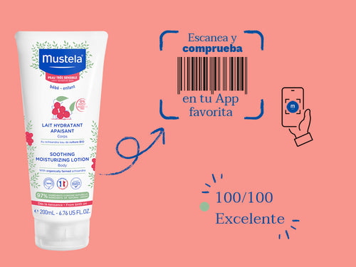 El leche hidratate de Mustela para piel muy sensible de bebé y niños tiene una nota de 100/100 en la app Yuka, es decir, excelente, sin ingredientes cuestionables o tóxicos.  - Mustela España - 6