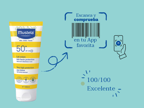 La crema solar de Mustela para proteger la piel de bebé y niños tiene una nota de 100/100 en la app Yuka, es decir, excelente, sin ingredientes cuestionables o tóxicos.  - Mustela España - 6