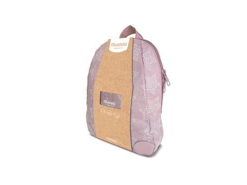 Mochila de bebé edición limitada en color verde menta con productos Mustela para regalar.