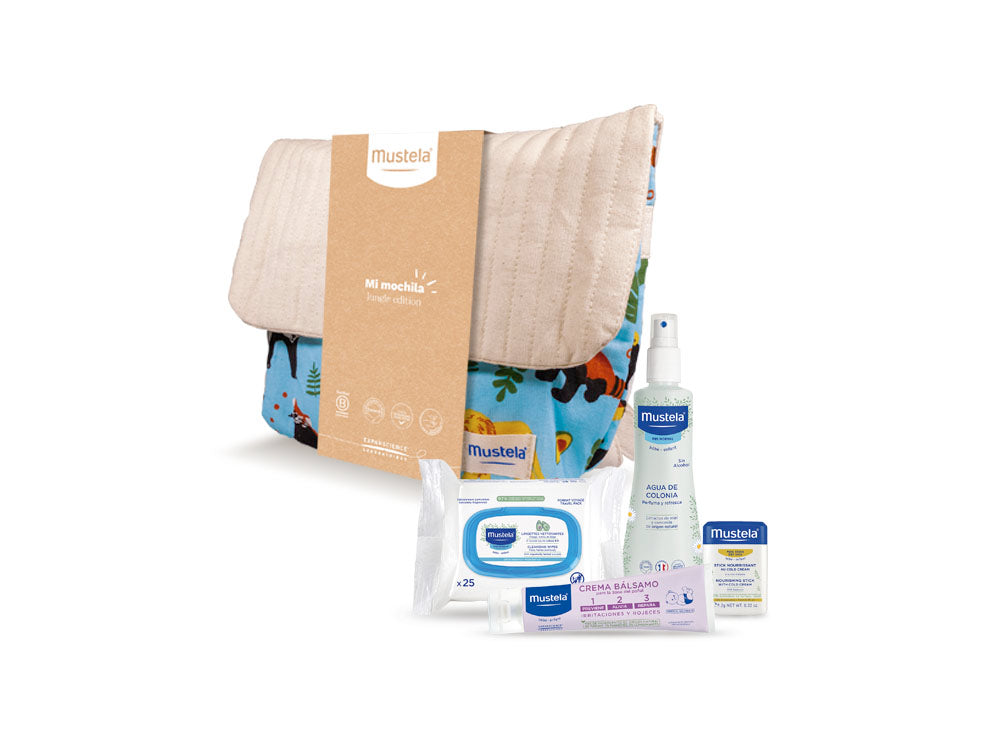 La mochila edición jungla de Mustela incluye cuatro productos para el cuidado del bebé: toallitas, stick and cold cream, agua de colonia y crema bálsamo